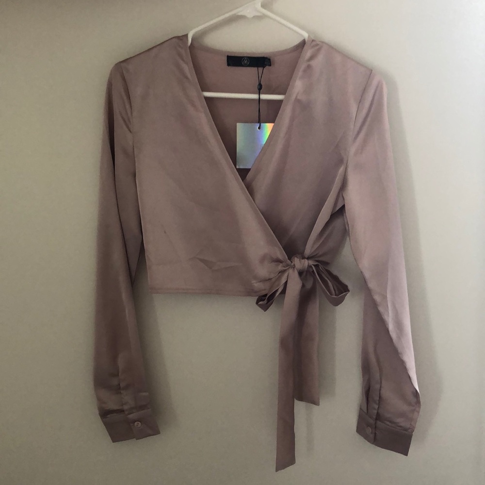 Missguided Long Sleeve Satin Wrap Front crop top